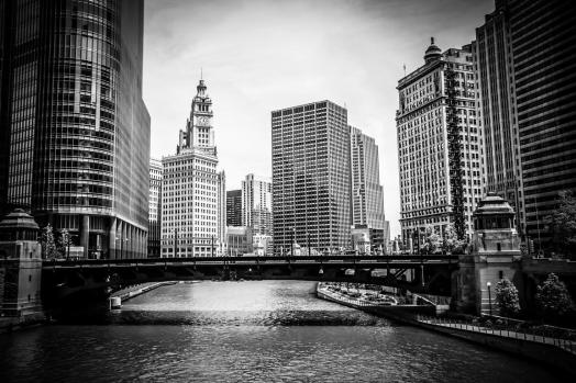 Chicago River Skyline in Black and White